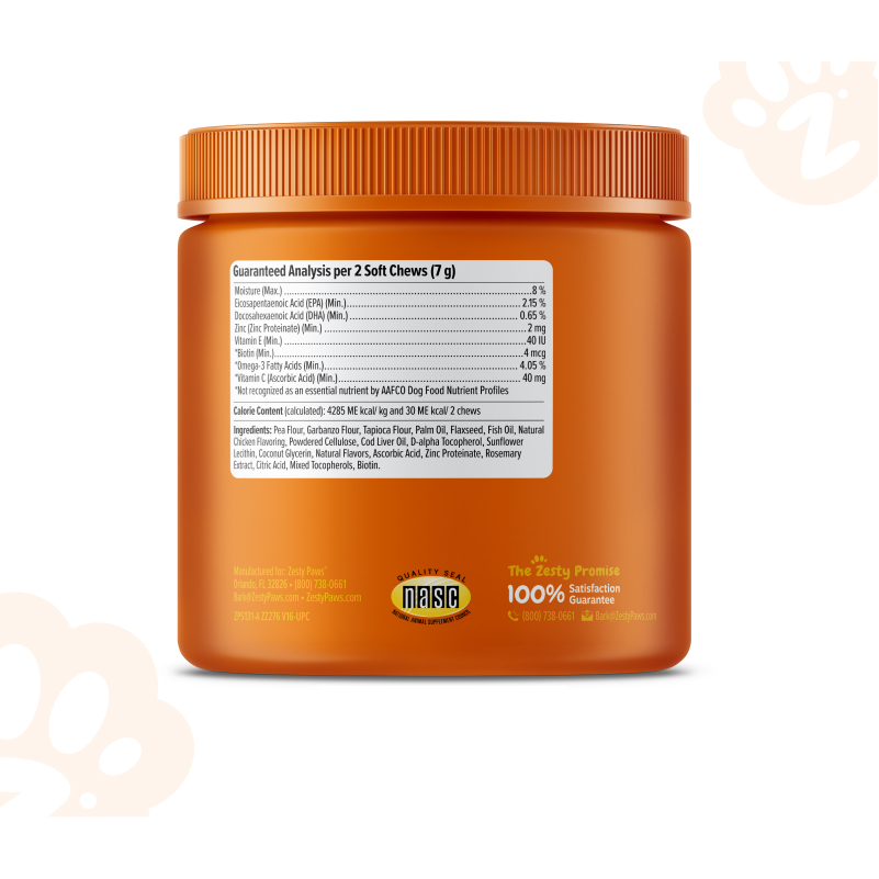 Zesty Paws 皮膚毛髮亮澤軟咀嚼片(雞肉味)營養成分分析標籤