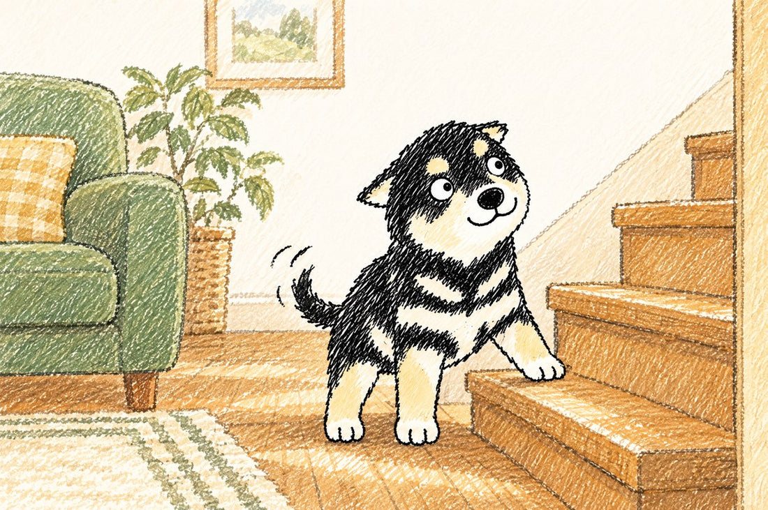 Dog joint care guide: Nana hesitating at the bottom of the stairs