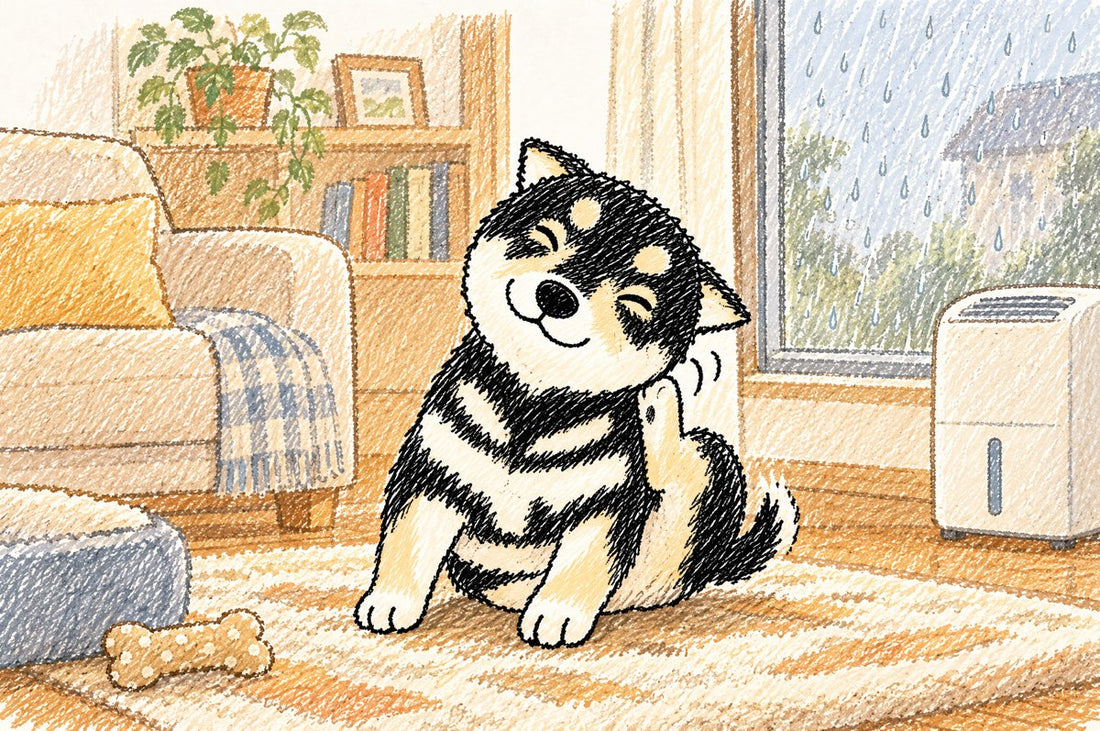 Dog skin sensitivity guide: Nana scratching her ear on a rainy day