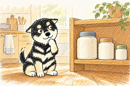 Choosing dog supplements in Hong Kong: Nana looking at three jars and working out which one to pick