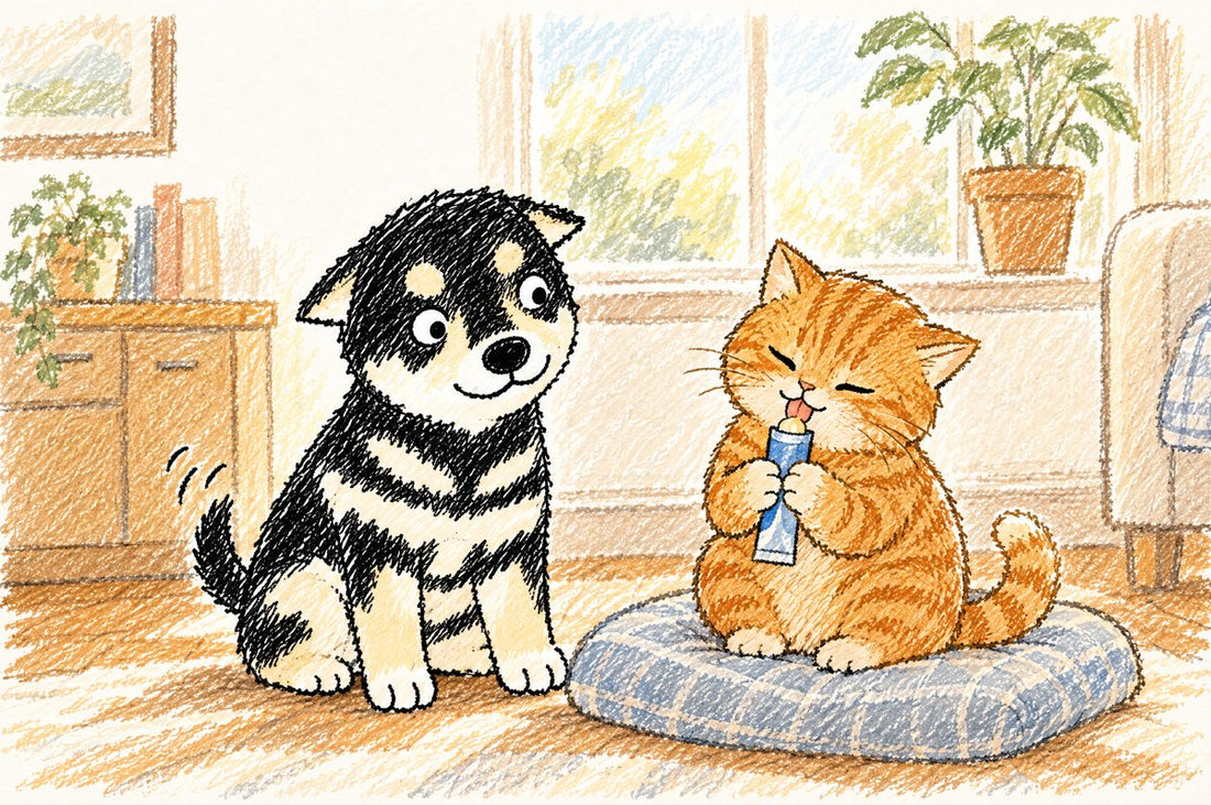 Choosing cat supplements in Hong Kong: Nana and a cat friend sharing a mousse