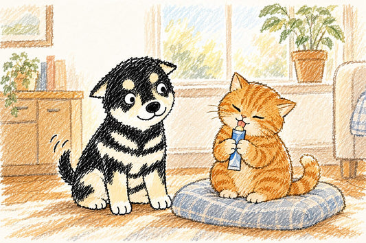 Choosing cat supplements in Hong Kong: Nana and a cat friend sharing a mousse