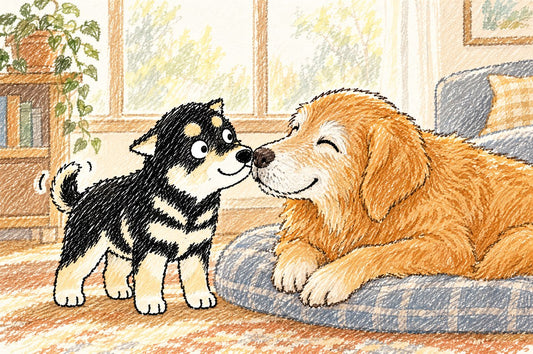 Senior dog care guide: Nana touching noses with an old friend