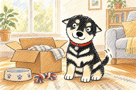 First month with a new dog: Nana in a new collar sitting beside a cardboard box