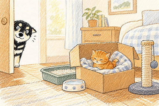 First month with a new cat: a kitten in a cardboard box in the settling-in room, with Nana peeking round the door