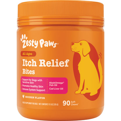 Zesty Paws Itch Relief 舒膚軟咀嚼片 雞肉味 90粒 新包裝正面