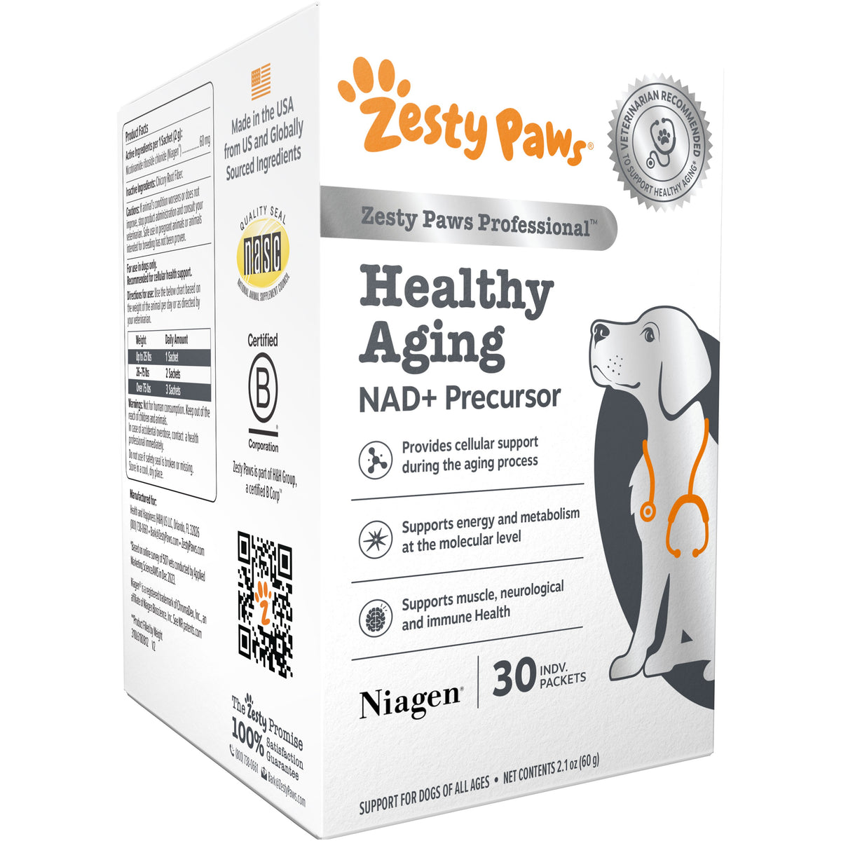 Zesty Paws 抗衰老 NAD+ 營養粉(狗用) (30包)包裝盒側面圖
